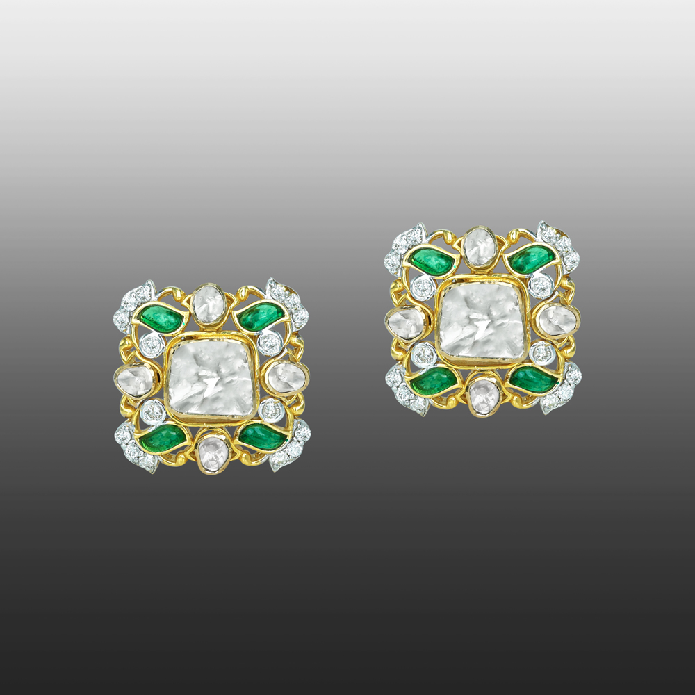 Square Polki Earrings with Emerald Leaves and Gold Filigree